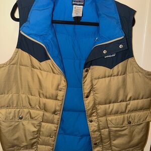 Patagonia Tan and Bright Blue Quilted Puffer Vest